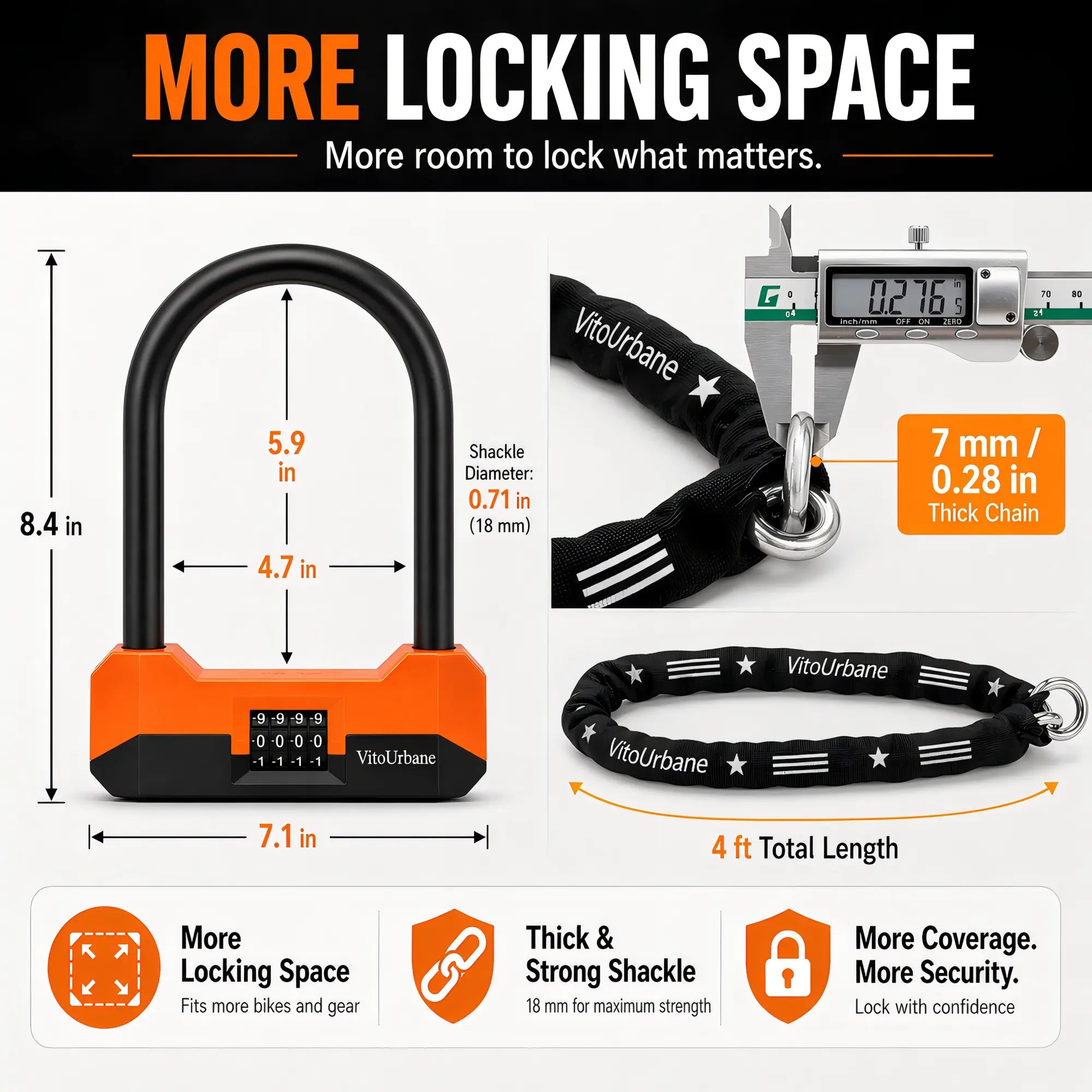 ECLIO Heavy-Duty Anti-Theft Bike U-Lock with 4ft Steel Chain Set