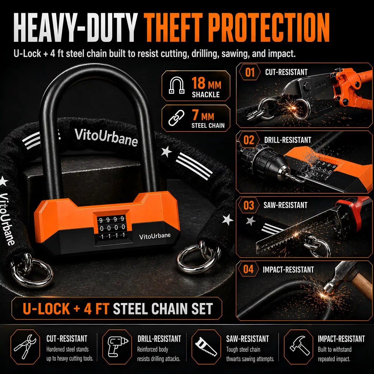 ECLIO Heavy-Duty Anti-Theft Bike U-Lock with 4ft Steel Chain Set