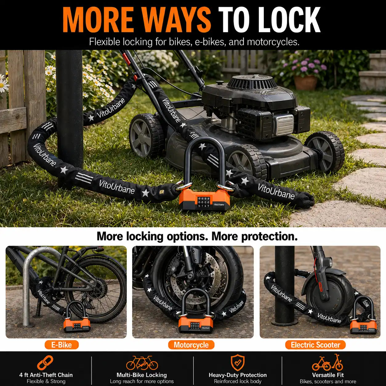 ECLIO Heavy-Duty Anti-Theft Bike U-Lock with 4ft Steel Chain Set